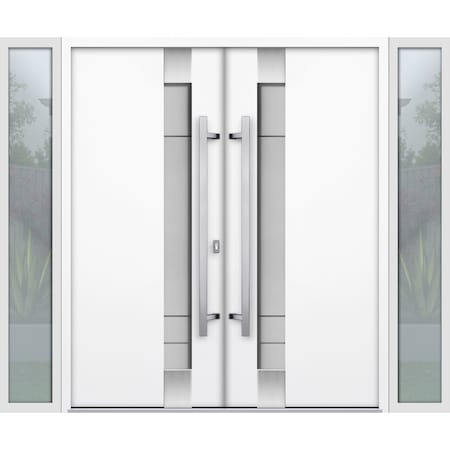 Vdomdoors Steel Double Doors Deux 1713 White Enamel 2 Sidelight Exterior Black Windows Stainless Inserts Sing DEUX1713DEXD-BEM-RH-W14+72+14 x H80