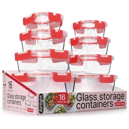 Bakkenmaster Borosilicate Glass Food Storage Containers with Lids, BPA-Free, Airtight and Leak-Proof, Red, 16PK EMPGFCL448RD