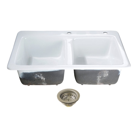 Kingston Brass 33-Inch Cast Iron Self-Rimming Double Bowl Drop-In Kitchen Sink, 2-Hole with Basket Strainers x 2 KGT33229D28