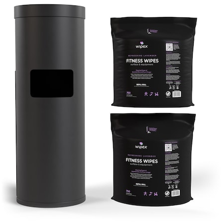 Wipex Natural Fitness Wipes 700ct Bundle, 2 Rolls + Black Floor Dispenser w/ Trash Can, Fresh Lavender WX72215BFD2FN