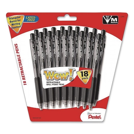 Pentel WOW! Ballpoint Pen, Retractable, Medium 1 mm, Black Ink, Smoke/Black Barrel, 18PK BK440BP18A-R2