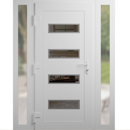 Vdomdoors Front Exterior Prehung Metal-Plastic Door, Manux 8113 White Silk, 2 Side Sidelite Transoms, Office MANUX8113EXD-WS-W14+36+14xH80-RH