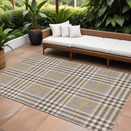 Homeroots 9' X 12' Brown And Beige Plaid Washable Indoor Outdoor Area Rug 601468