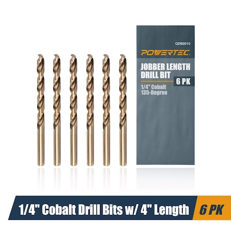 Powertec 1/4" Cobalt Drill Bits 4" Length, M35 HSS Jobber Length Twist Bits with 135 Deg Tip, 6PK QDB2010