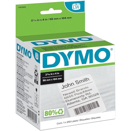 Dymo Printer Label, 4 in Label W, 2 5/16 in Label H, 250 Labels per Roll, Black/White 1763982