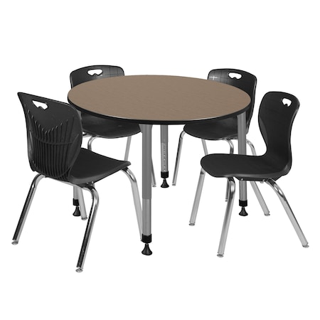 Regency Round Kee Adjustable Classroom Table W/ 4 Andy Stack Chairs, 48 in W, 48 in L, Noble Oak TB48RNDNOAPGY40BK
