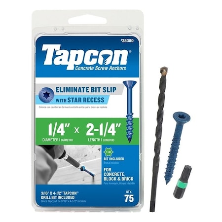 Tapcon Tapcon Concrete Screw, 1/4" Dia., Flat, 2 1/4 in L, Steel Climaseal Coated 28380
