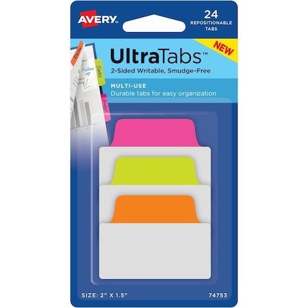 Avery Dennison Avery, ULTRA TABS REPOSITIONABLE STANDARD TABS, 1/5-CUT TABS, ASSORTED NEON, 2in WIDE, 24PK 74753
