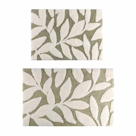 Lavish Home 2PC Bathroom Rug Set 100% Cotton Bath Mats w/ Textured Botanical Leaf Print for Boho Bathroom Decor ST-BATH5-BS