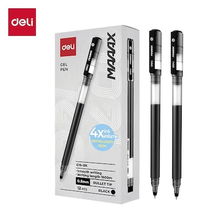Deli MAX Gel Pen 0.5mm, Black Ink, Capped, 1600m, 12PK EG16-BK