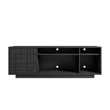 Homeroots 63in Black Carved Geometric Wood Enclosed and Open Storage TV Stand 724164
