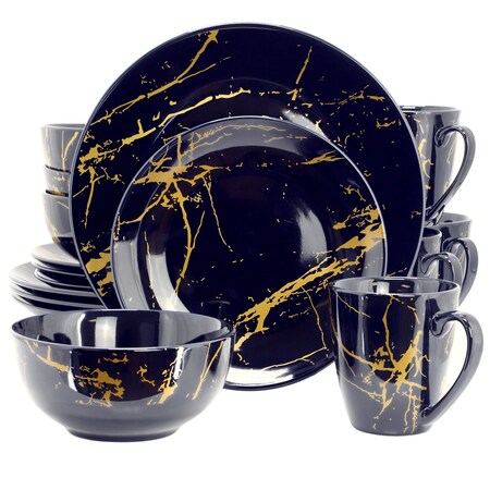 Elama Fine Marble 16 Piece Ceramic Dinnerware Set in Dark Blue with Gold Veining EL-FINEMARBLE-DB-GLD