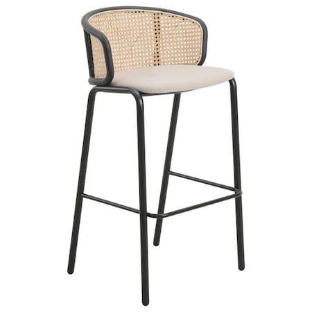 Leisuremod Ervilla Wicker Bar Stool with Fabric Seat and Black Powder Coated Steel Frame, Beige EBBL-31BG