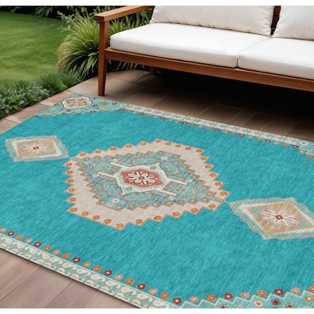 Homeroots 9' X 12' Teal Blue Brown And Ivory Oriental Washable Indoor Outdoor Area Rug 598446