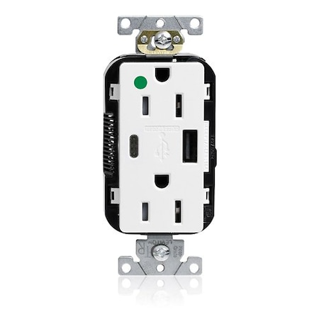 Leviton USB Receptacle, 15 A, 1/2 hp, White, PBT M56AC-HGW