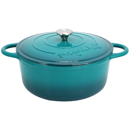 Megachef 6.35 Quart Round Enameled Cast Iron Dutch Oven with Self Basting Lid in Teal MCCI-A28T
