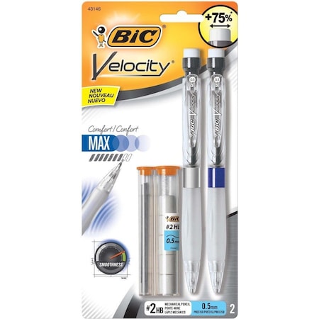 Bic Velocity Max Pencil, 0.5 mm, HB #2, Black Lead, Gray Barrel, 2/Pack MPMX5P21