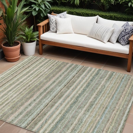 Homeroots 9' X 12' Sage Mint Green And Beige Striped Washable Indoor Outdoor Area Rug 577803