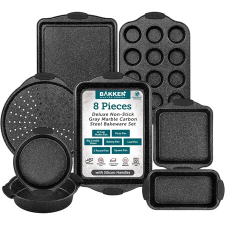 Bakken-Swiss BAKKEN 8Pc Nonstick Bakeware Set, Gray Marble, Carbon Steel, Silicone Handles, Oven and Freezer Safe BKBSGRYMAR88