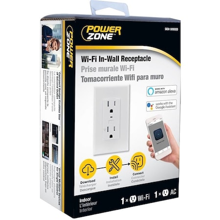 Powerzone Wi-Fi Controlled Receptacle, 1-Pole, 125 V, Grounded Socket, Wi-Fi, White ORWFIRC01