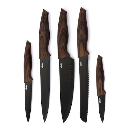 Oster Godfrey 5 Piece Stainless Steel Black Cutlery Set with Wood Print Handles 123804.05