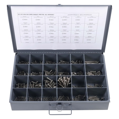 Zoro Select Sheet Metal Screw Assortment, #6 to #14 x Plain Finish, Stainless Steel, Oval Washer Head JBDL24OSMS25S