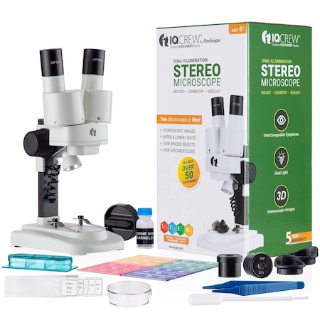Amscope IQCrew By SE102 Kids Portable Stereo Microscope 20X and 50X w/LED Dual-Illumination and Deluxe 50 SE102Z-KT1
