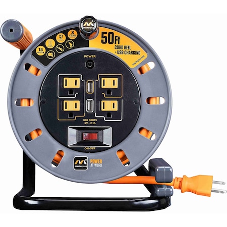 Masterplug 50ft 4 Sockets 15A 12AWG Medium Open Reel with USB Charging OMP501512G4SLU-US