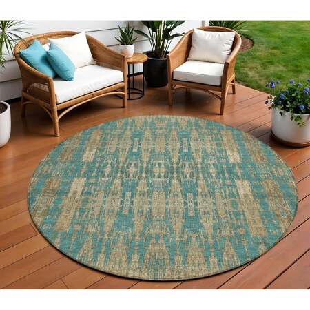 Homeroots 8' Teal Blue Taupe And Beige Round Moroccan Washable Indoor Outdoor Area Rug 577219