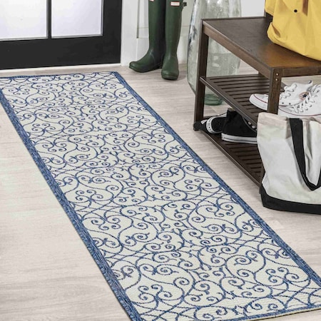 Jonathan Y Madrid Vintage Filigree Textured Weave Blue/Cream 2 ft. x 8 ft. Indoor/Outdoor Runner Rug SMB107F-28