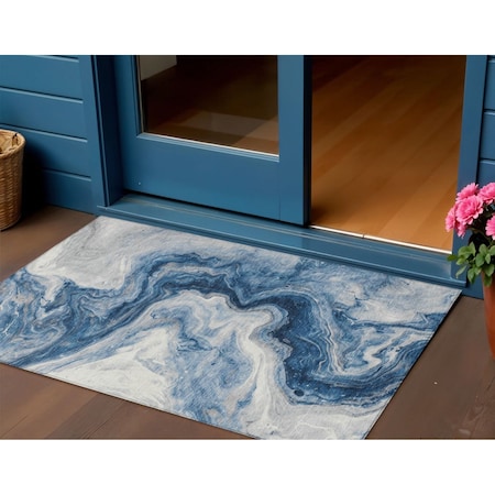 Homeroots 3' X 5' Navy Blue And Silver Abstract Washable Indoor Outdoor Area Rug 618334