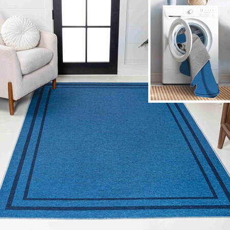 Jonathan Y Sloane Classic 2-Stripe Border Non-Slip Machine-Washable Blue/Navy 4 ft. x 6 ft. Area Rug WSH125E-4