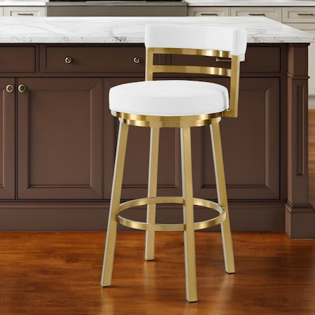 Homeroots 26" White and Gold Faux Leather and Stainless Steel Low Back Counter Height Swivel Bar Chair 569168