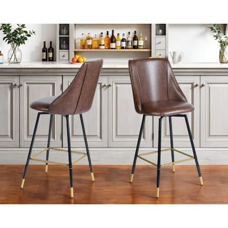 Homeroots Set of Two 26" Brown and Black and Gold Faux Leather and Metal Counter Height Swivel Bar Chairs 568249