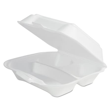 Plastifar Foam Hinged Lid Container Secure One Tab Latch, 3-Compartment, 7.81 x 8.75 x 3.38, White, 200PK 12039