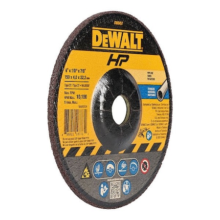 Dewalt Cut-Off & Grinding Wheel, Type 27, 6 in Dia, 0.125 in Thick, 5/8"-11 Arbor Hole Size, 30 Grit DW8457H