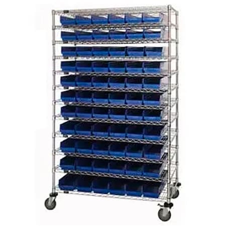 Global Industrial Chrome Wire Shelving with 118 4"H Plastic Shelf Bins Blue, 60x14x74 269041BL