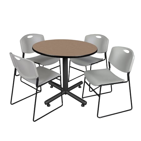 Regency Round Kobe Breakroom Table W/ 4 Zeng Stack Chairs, 36 in W, 36 in L, Noble Oak TKB36RNDNO44GY