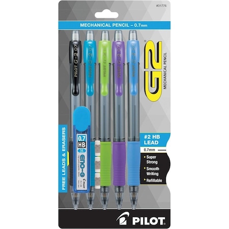 Pilot G2 Mechanical Pencil, 0.7 mm, HB #2.5, Black Lead, Assorted Barrel Colors, 5/Pack 31776