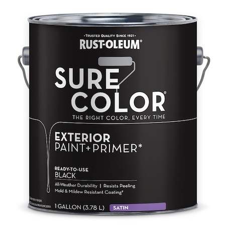 Rust-Oleum Sure Color Exterior Paint and Primer, Water, Satin, Black, 1 gal Can, 400 sq-ft/gal Coverage Area 394677