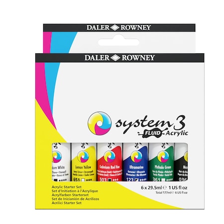 Daler-Rowney System3 Fluid Acrylic Paint Set, Assorted Colors, 29.5ml, 6-Piece Set D139029100