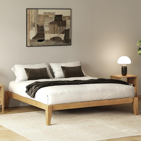 Allforwood Queen Wood Bed Frame, Solid Wood Platform Bed, Light Oak Finish 805671