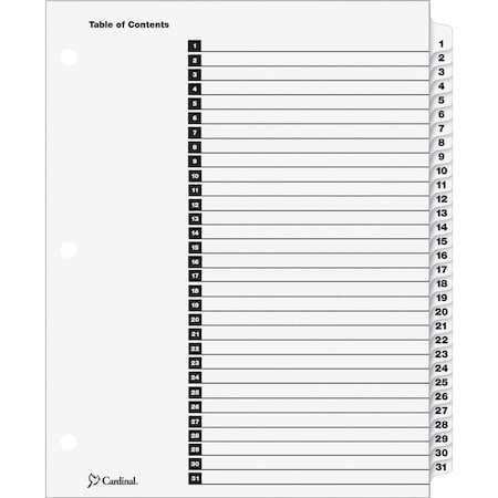Cardinal Brands Cardinal OneStep Printable T.O.C. Divider, Printed 1 to 31, 9"x11", 31 Tabs, White/White 60113CB