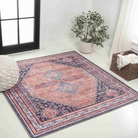 Jonathan Y Dalyan Geometric Medallions Non-Slip Machine-Washable Terracotta/Navy 5 ft Square Area Rug WSH101A-5SQ
