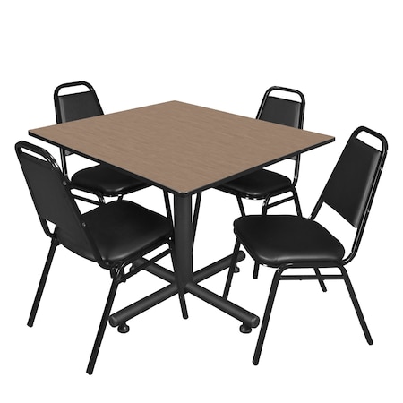 Regency Square Kobe Breakroom Table W/ 4 Restaurant Stack Chairs, 48 in W, 48 in L, Noble Oak TKB4848NO29BK