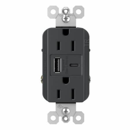 Legrand radiant Series USB Type A/C Outlet, 2 -Pole, 15 A, 125 V, 2 -USB Port, USB-A, USB-C USB R26USBAC6GCC4