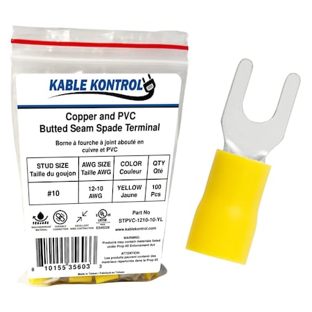 Kable Kontrol Copper and PVC Butted Seam Spade Terminal, 12-10 AWG, Stud Size # 10, Yellow, 100 Pcs, 100PK STPVC-1210-10-YL