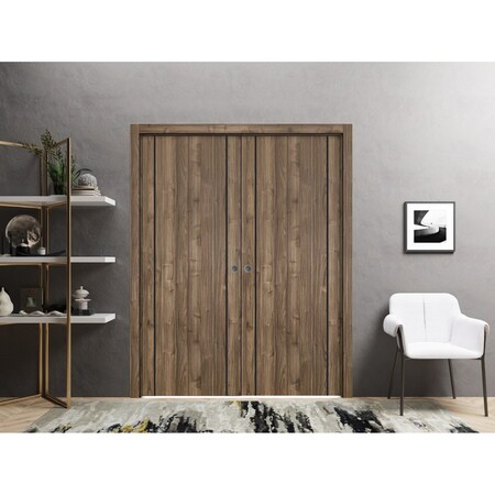 Sartodoors Modern Double Pocket Doors, Planum 0017 Walnut and Aluminum Strips, Kit Trims Rail Hardware, Solid PLANUM0017DP-WLN-8496