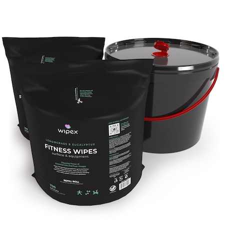 Wipex Natural Fitness Wipes 700ct Bundle, 2 Refill Rolls + XL 11-Liter Bucket, Lemongrass/Eucalyptus WX71940FLE-2-Kit-11LB