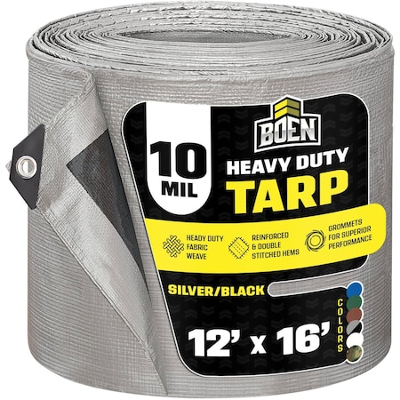 Boen Heavy Duty Tarp, 12 ft x 16 ft, 10 Mil, Silver/Black, Polyethylene ST-1216